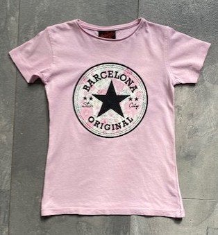 Roze t-shirt, met Barecelona print, maat 110/116 (qwe), Ophalen of Verzenden, Zo goed als nieuw, Meisje, Shirt of Longsleeve