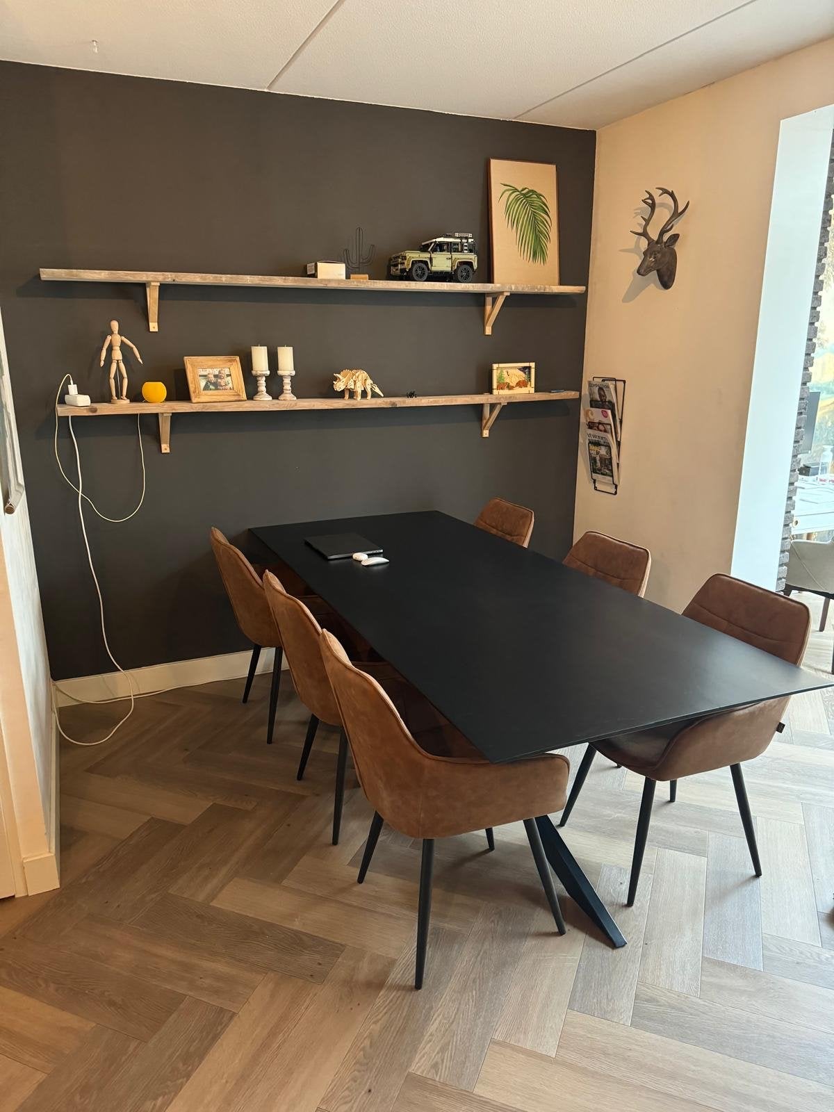 Moderne zwarte eettafel met stalen onderstel 250x100cm, Ophalen, 200 cm of meer, 50 tot 100 cm, Zo goed als nieuw