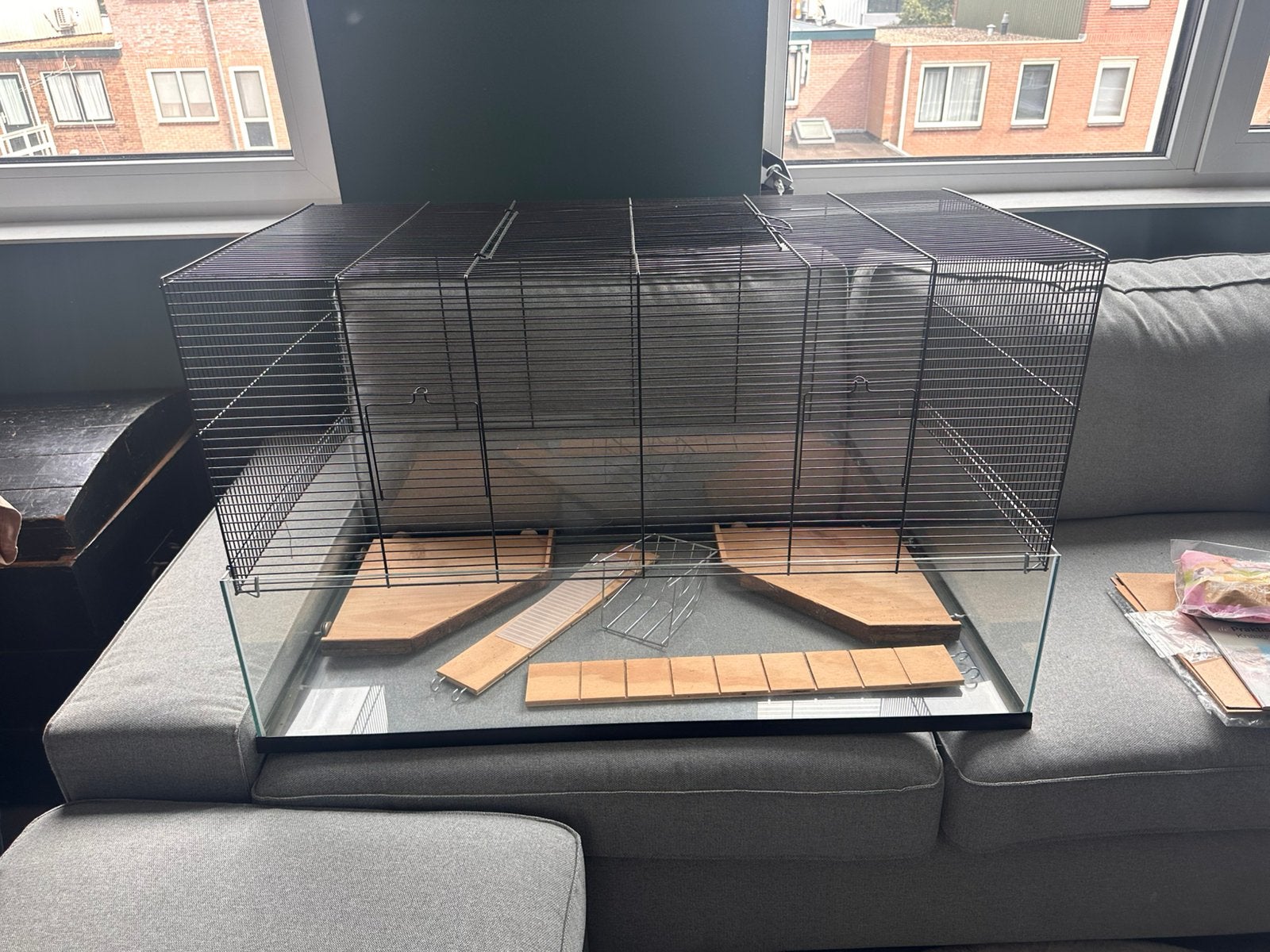 Grote hamster-/gerbilkooi met glazen onderbak en accessoires, Kooi, Gebruikt, Hamster, Ophalen