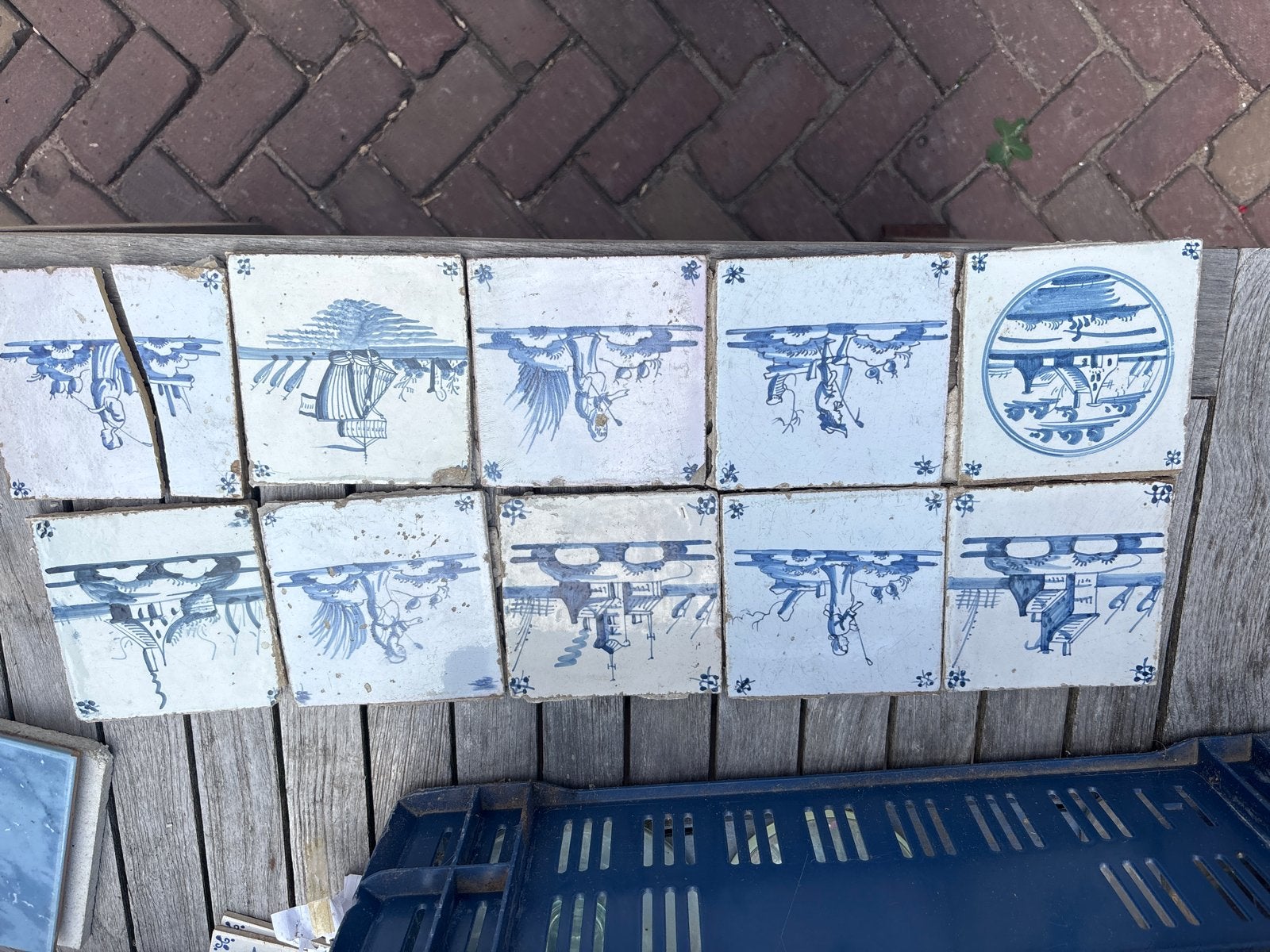 Antieke Delfts Blauwe Tegels met Schepen en Landschappen, Ophalen of Verzenden