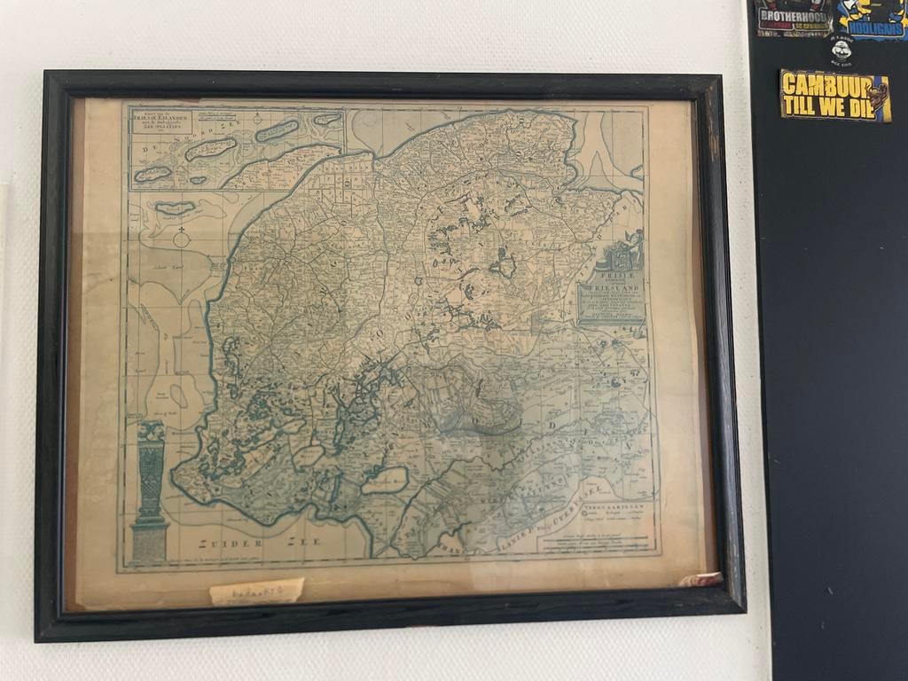Antieke kaart van Friesland, ingelijst, Gelezen, Voor 1800, Ophalen of Verzenden, Landkaart