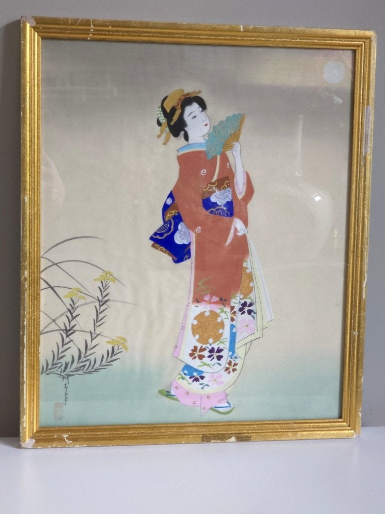 Vintage Japans zijdeschilderij 'Jo-no-mai' (Uemura Shoen), Ophalen of Verzenden, Portret, Textiel, Print