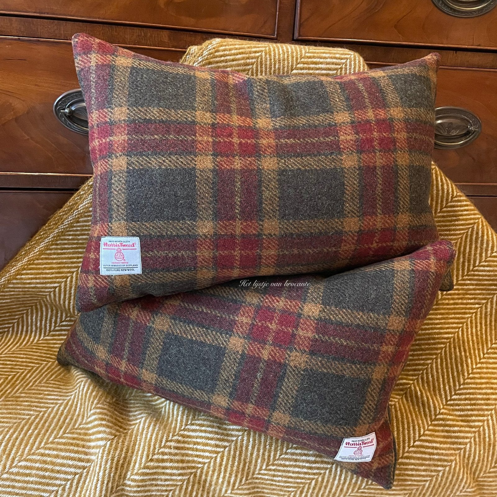 Handgemaakte kussen set Harris Tweed Moss Check, Blauw, Ophalen of Verzenden, Sierkussen, Rechthoekig