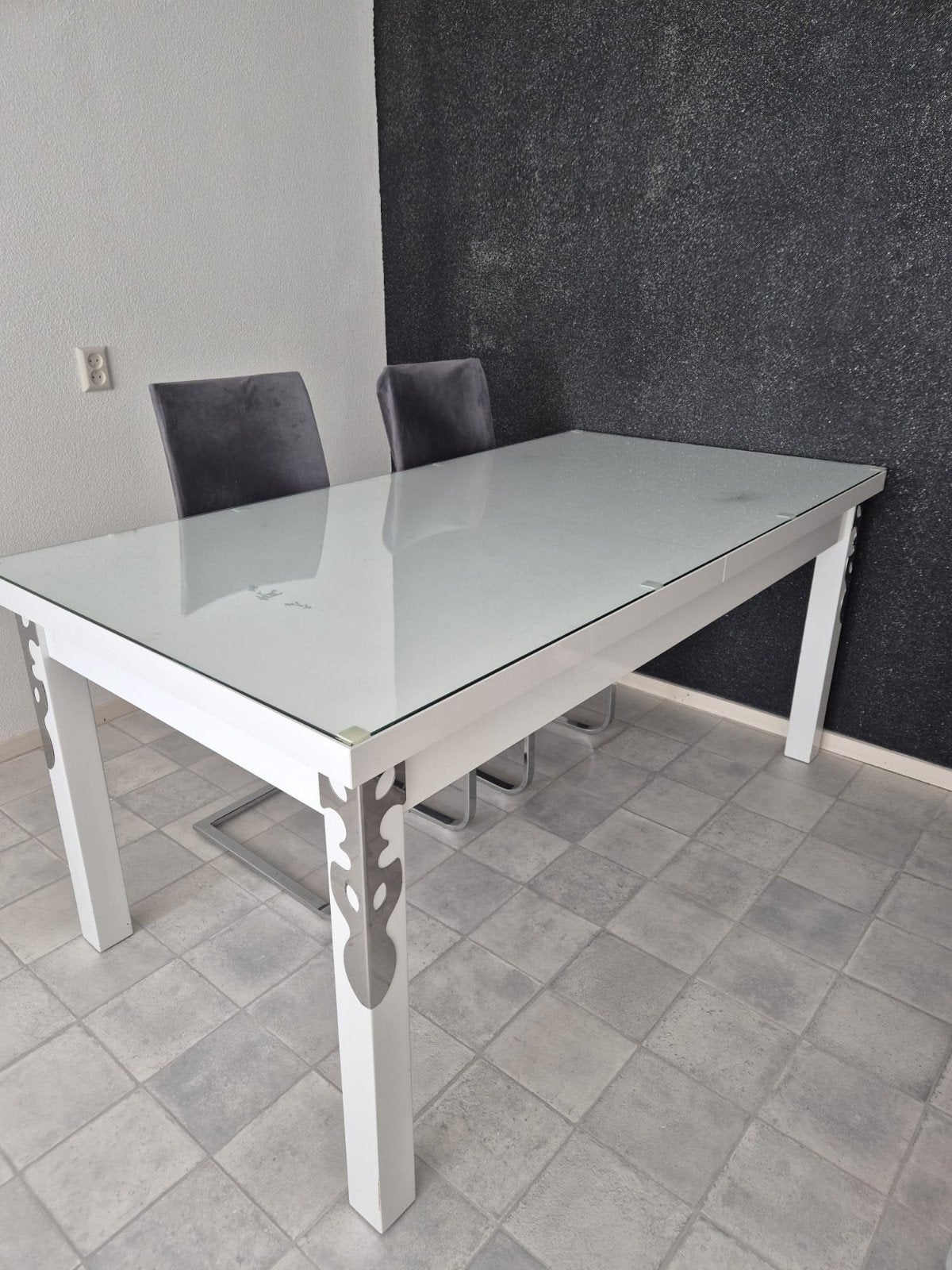 Witte eettafel met glazen beschermplaat - 175 x 90,5 cm., Ophalen, Gebruikt, 50 tot 100 cm, 150 tot 200 cm