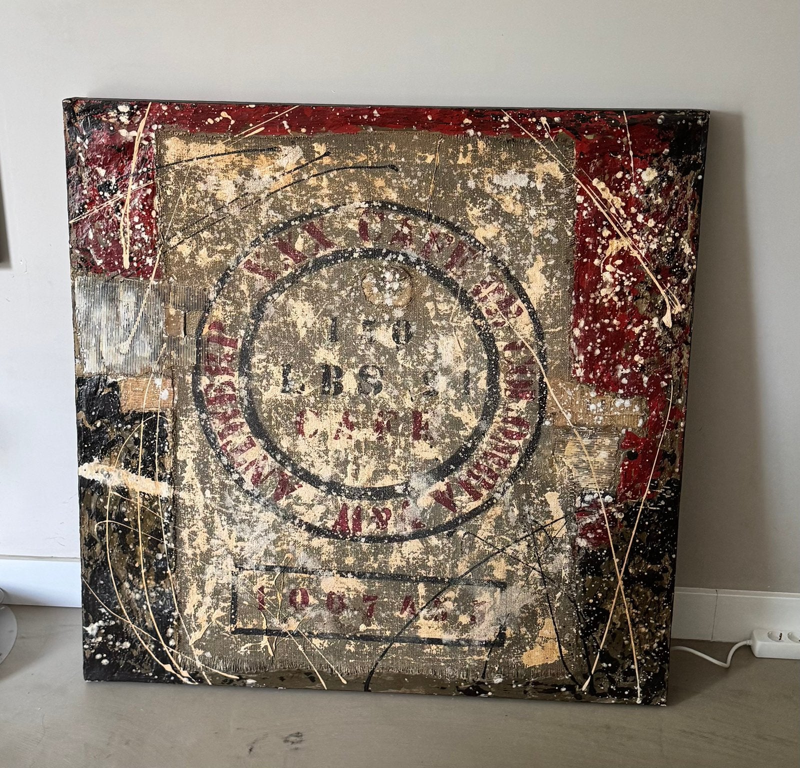 Groot industrieel abstract schilderij canvas 120x120 cm, Ophalen, 120 cm, Vintage, Zo goed als nieuw