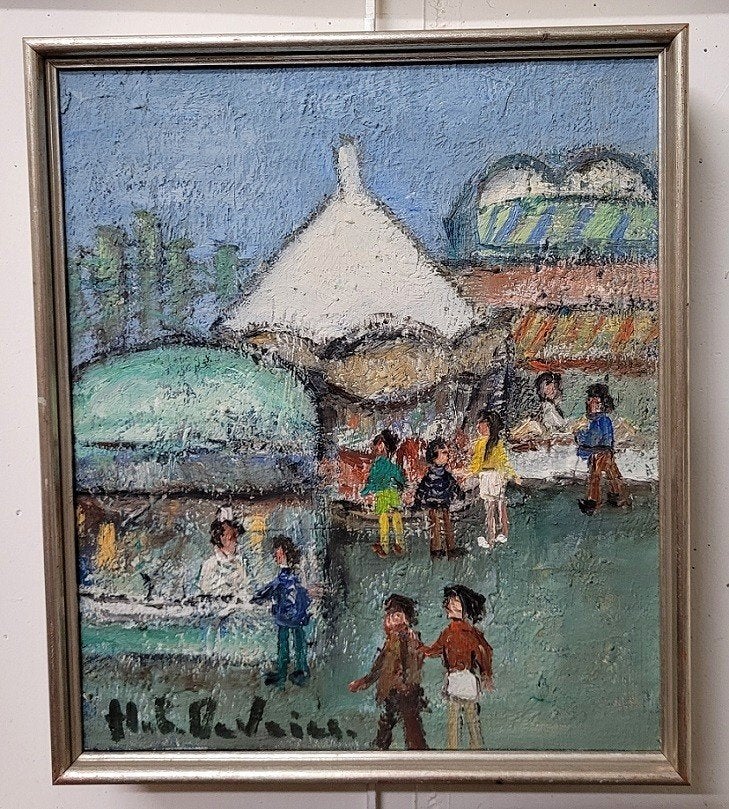 Hubert DE VRIES, een dagje op de kermis, Doek, Expressionistisch, Ophalen of Verzenden, Olieverf