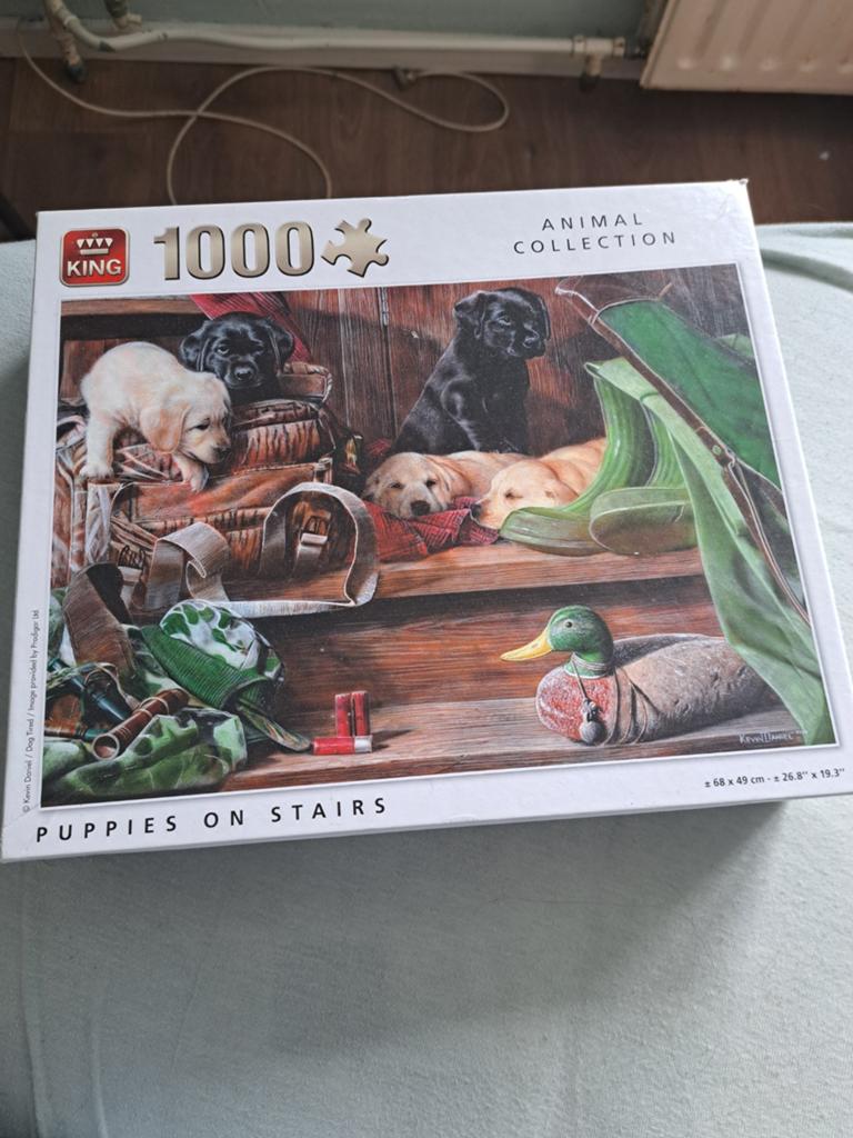 King Legpuzzel 1000 stukjes - Puppies on Stairs, Ophalen of Verzenden, 500 t/m 1500 stukjes, Gebruikt, Legpuzzel