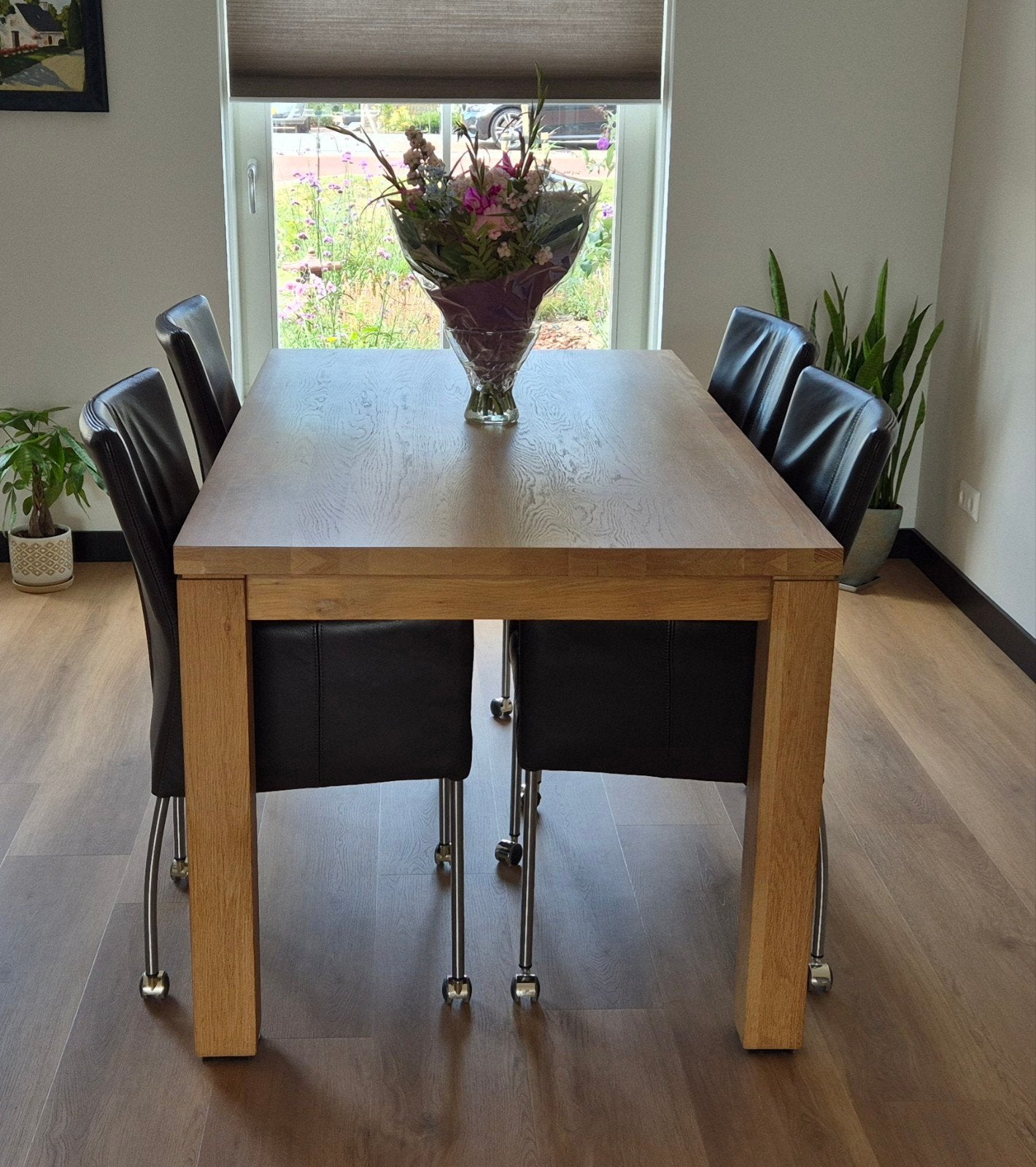 Eikenhouten eettafel met 4 leren stoelen, Ophalen, Gebruikt, 50 tot 100 cm, 150 tot 200 cm
