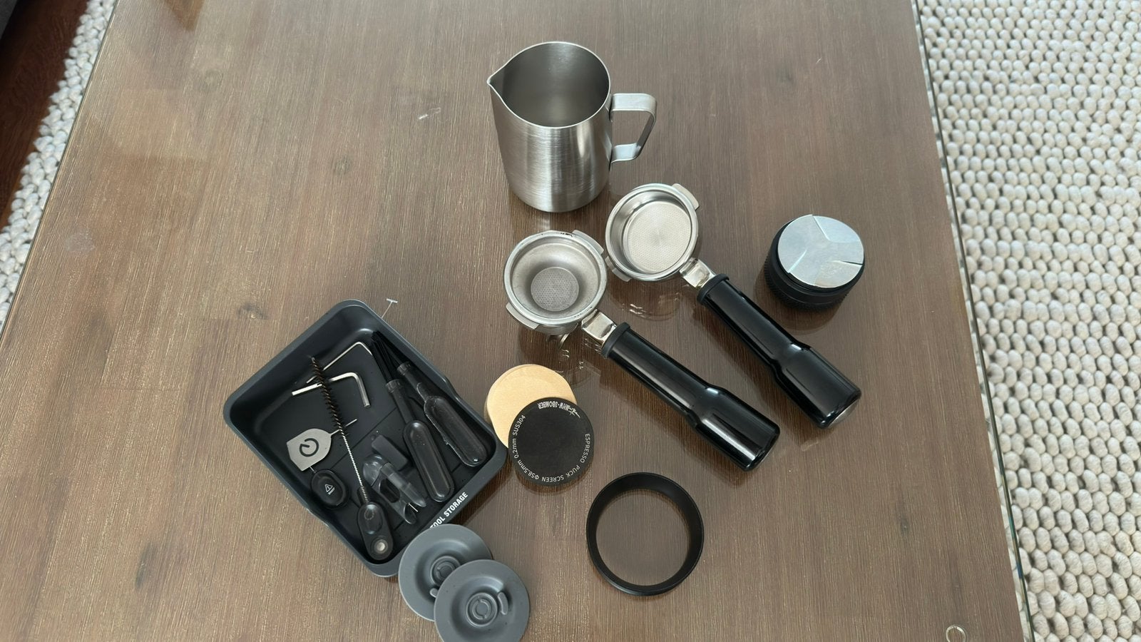 Sage 58 mm espresso accessoires – 2 portafilters, tampermat, Ophalen of Verzenden, Zo goed als nieuw, Barista-accessoire, Sage