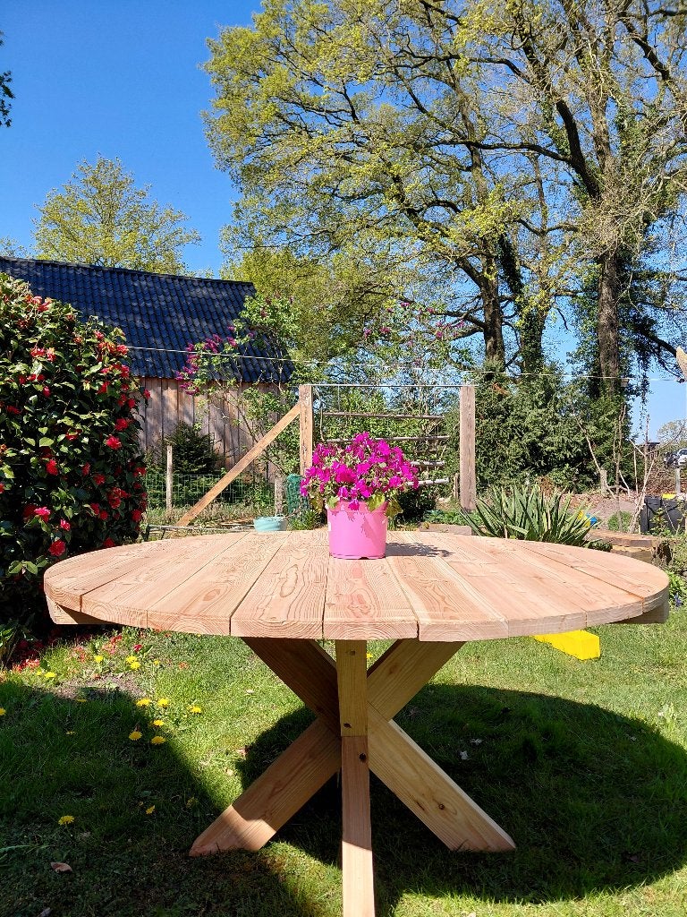 Zeer mooie ronde tuintafel XXL | eettafel | 3D poot | Ø150cm, Ophalen, Zo goed als nieuw, Rond, Hout