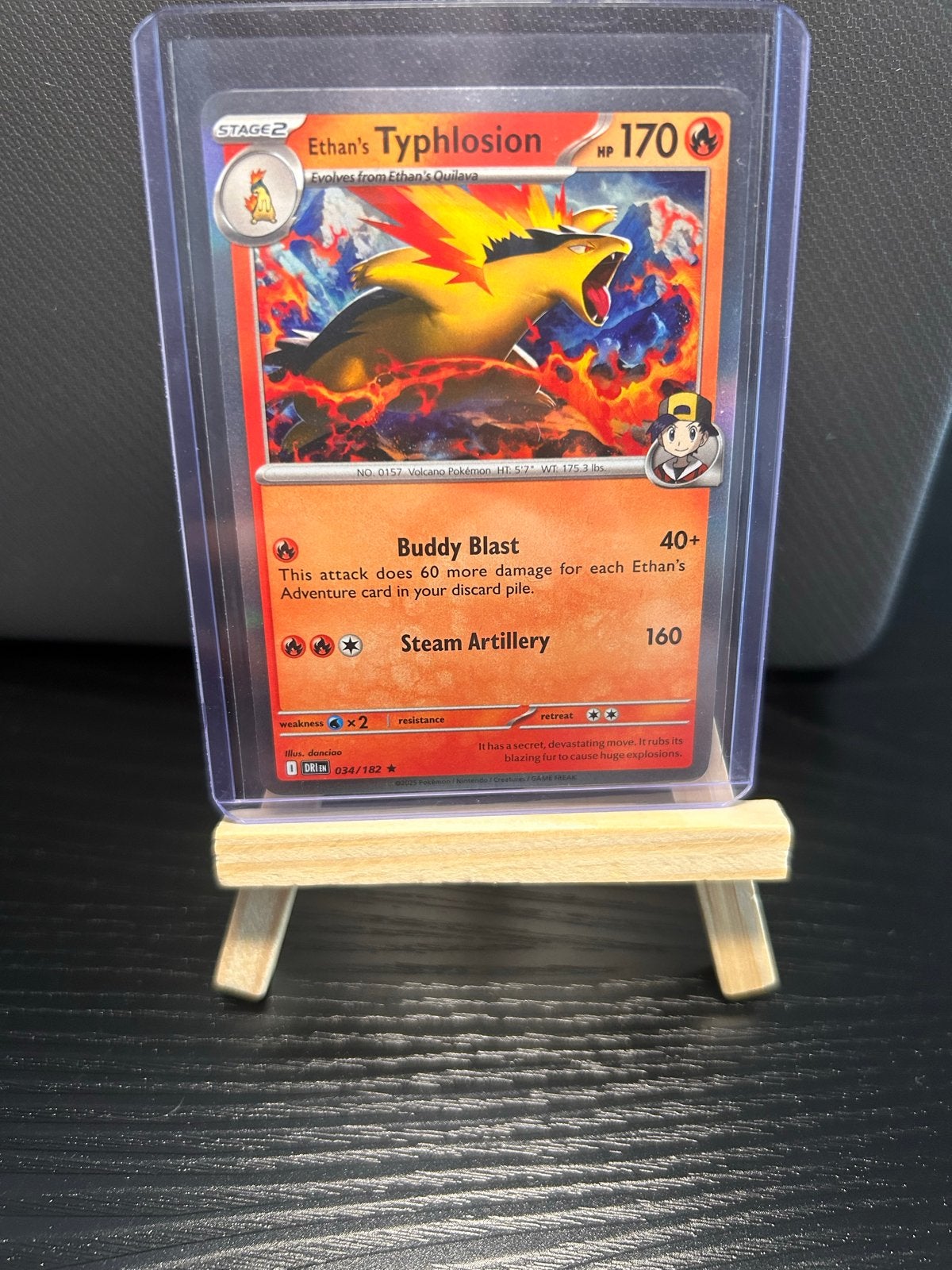 Pokemon Kaart Ethan's Typhlosion NM met toploader en sleeve, Ophalen of Verzenden, Zo goed als nieuw, Losse kaart