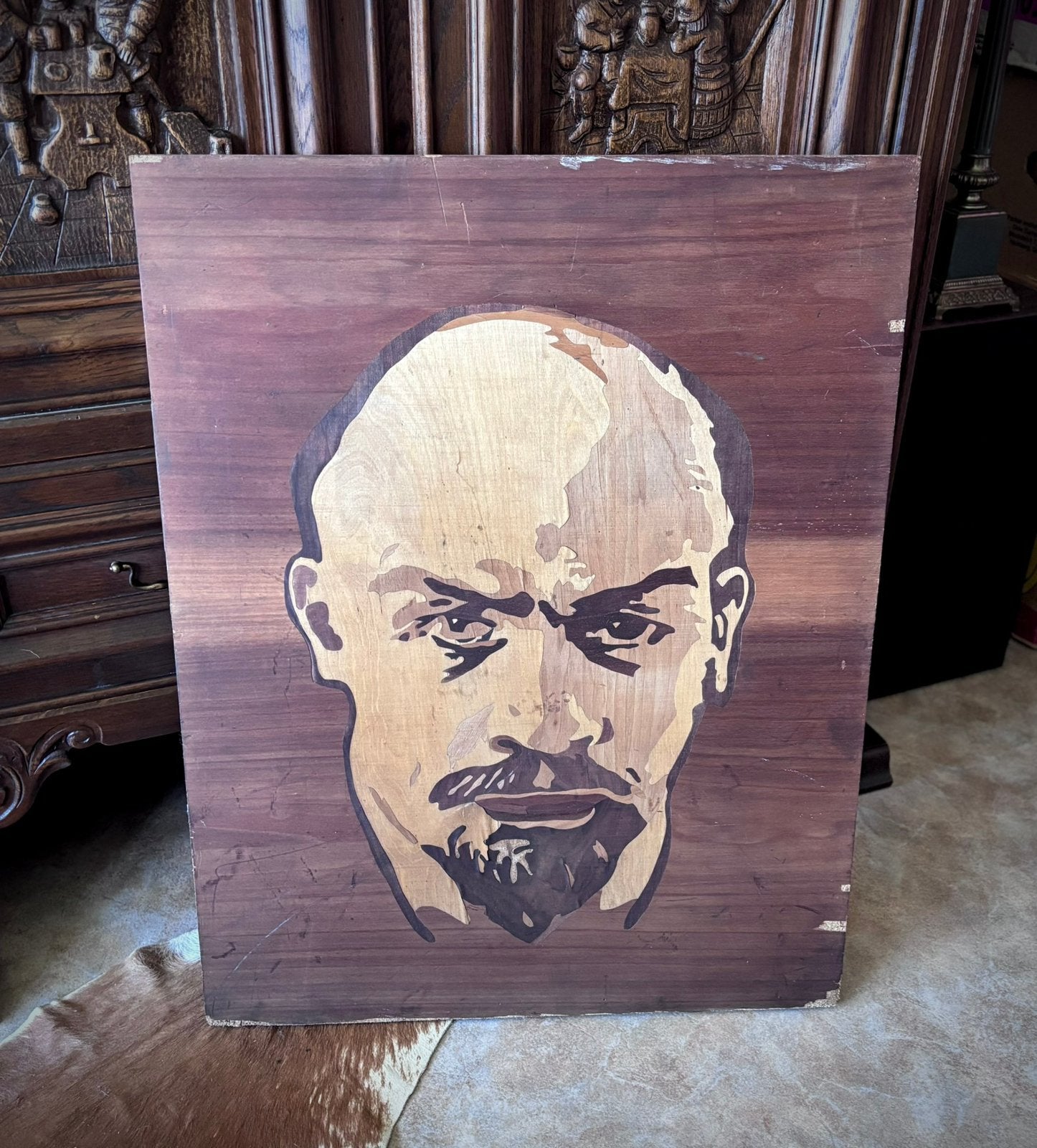 Vintage Houten Marqueterie Portret 7760 van Vladimir Lenin, Antiek en Kunst, Ophalen of Verzenden
