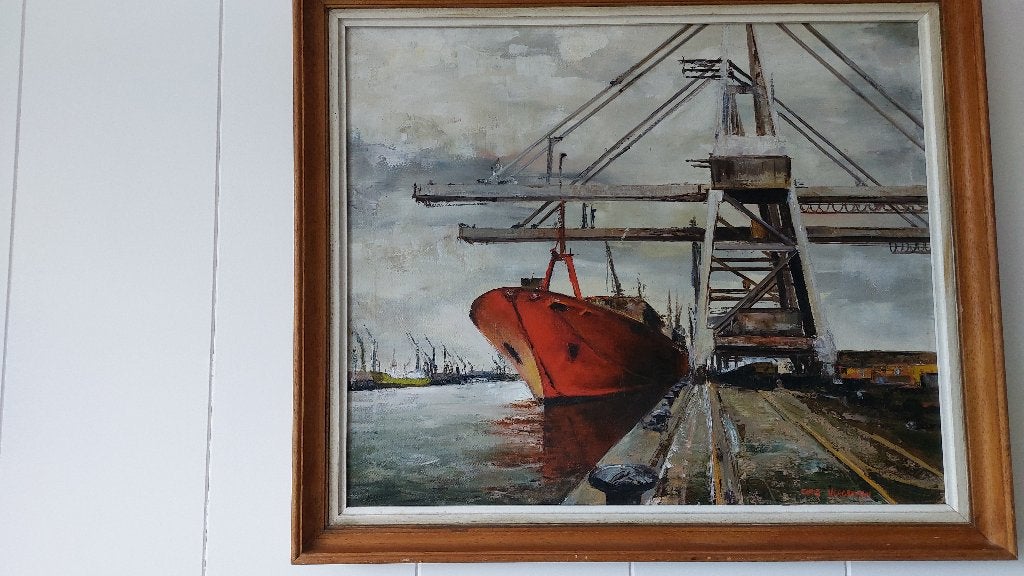 schilderij havengezicht, Antiek en Kunst, Ophalen, Overig onderwerp, Handgeschilderd, Olieverf