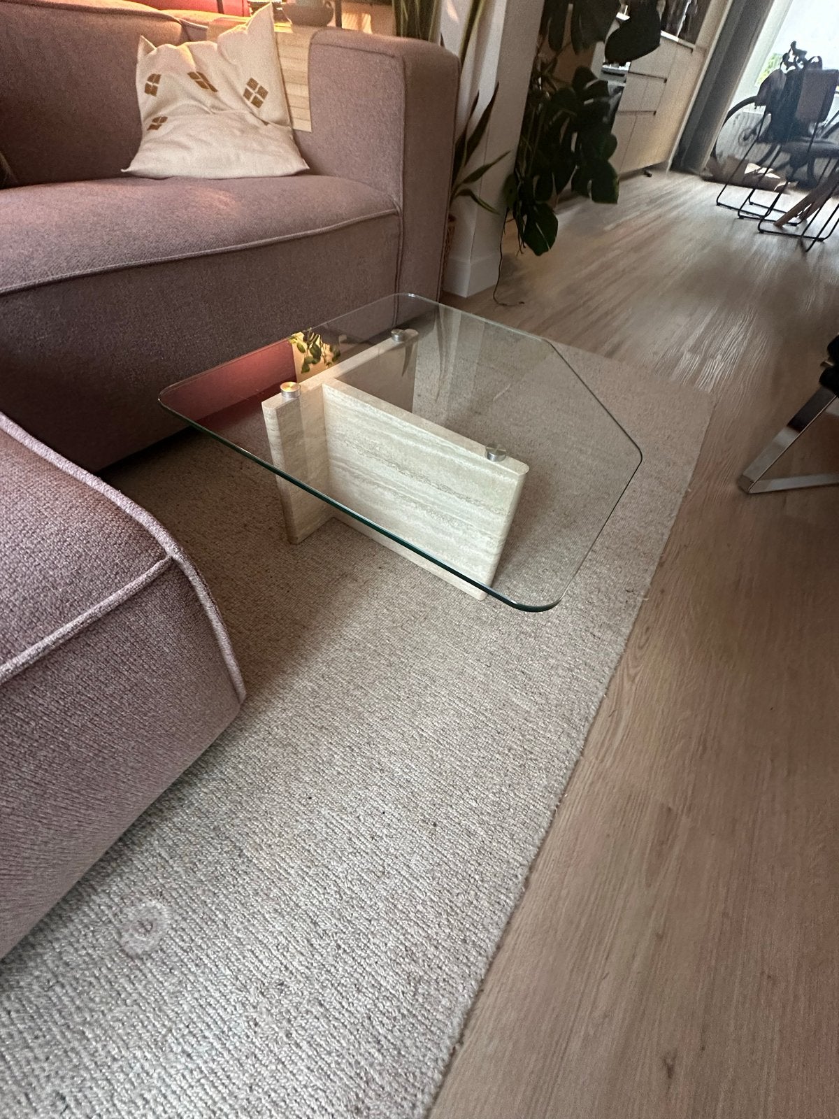 Jaren '70 Salontafel Travertin met Glazen Blad, Ophalen, Gebruikt, Vierkant, 50 tot 100 cm