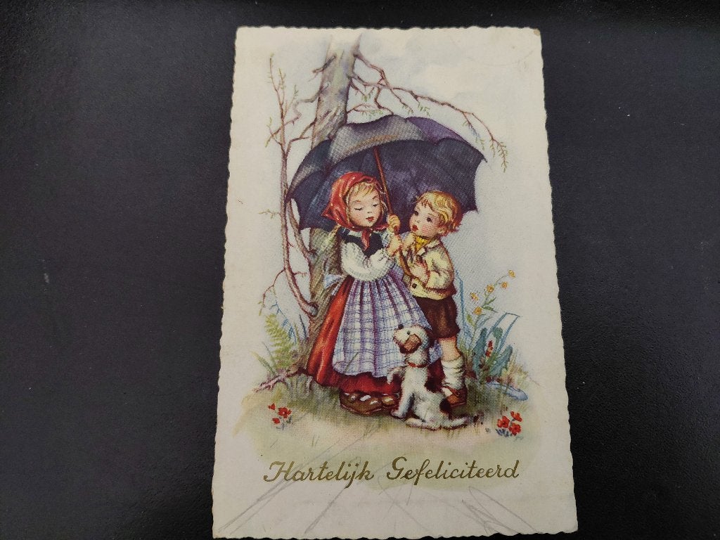 Kinderen schuilen onder de paraplu met hond, gelopen, H.G., Verzenden, 1960 tot 1980, Gelopen, Kinderen