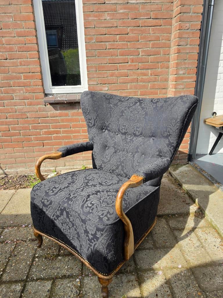 Vintage Fauteuil met Donkergrijs Paisley Motief, Ophalen, Gebruikt, Stof, 75 tot 100 cm