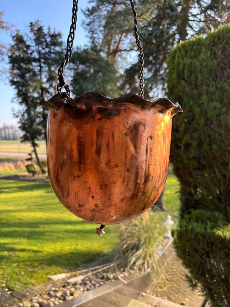 Koperen hangpot met patina - 20 cm hoog, 25 cm diameter, Ophalen