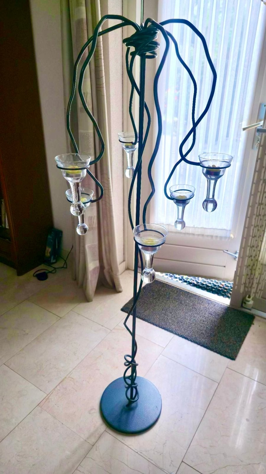 Grote vintage metalen vloerkandelaar met glazen houders, Gebruikt, Metaal, Kandelaar, Ophalen