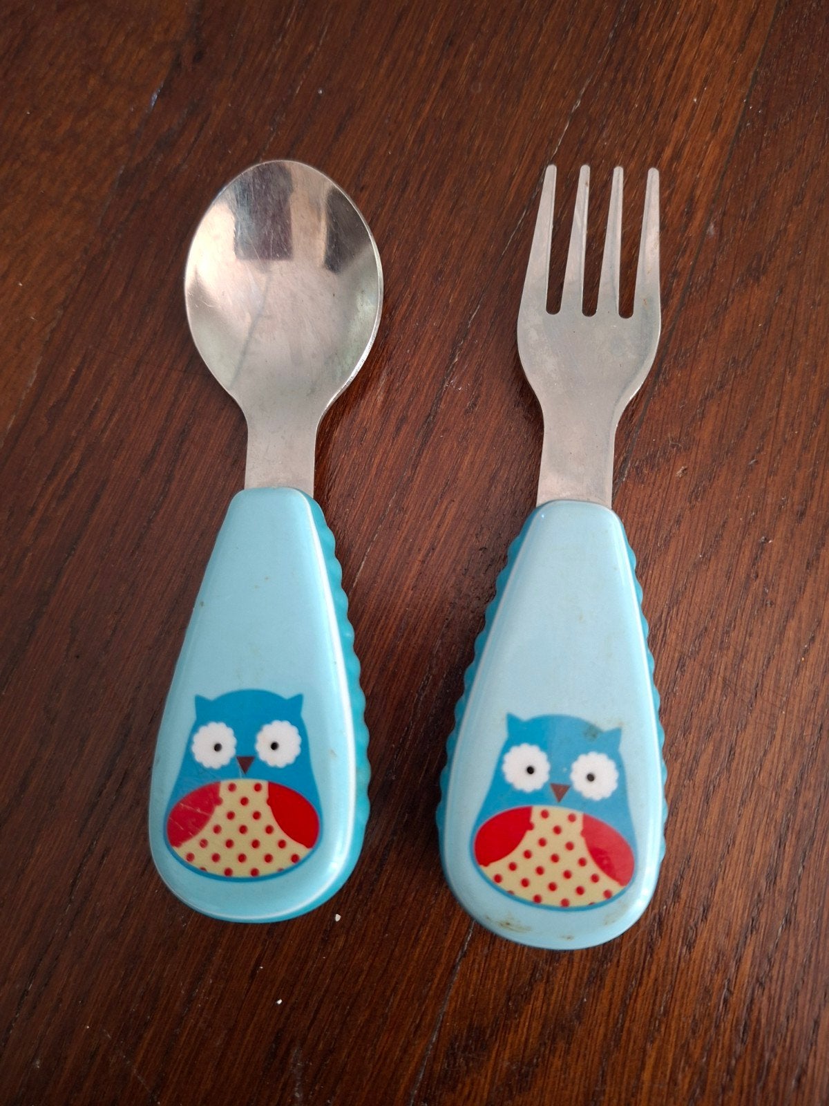 Kinderbestek met uil design - lepel en vork, Gebruikt, Kinderbestek, Bestekset, Ophalen of Verzenden