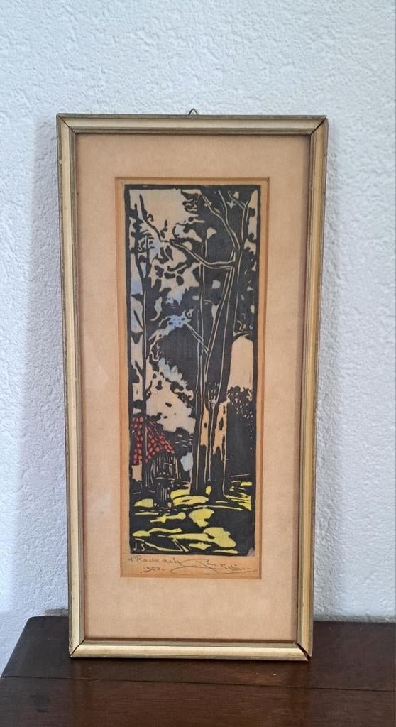 Houtsnede 'Het Rode Dak' van Jan Schipper (1899-1961), Ophalen of Verzenden