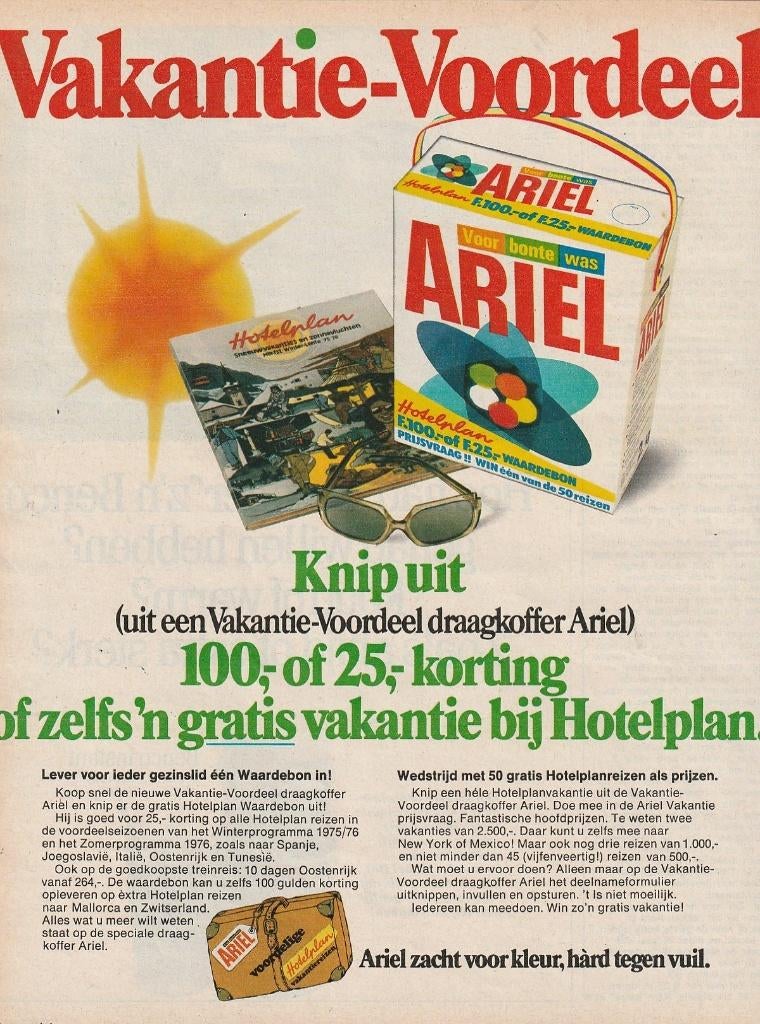 Retro reclame 1975 Ariel wasmiddel draagkoffer voordeel, Verzamelen, Verzenden, Overige typen