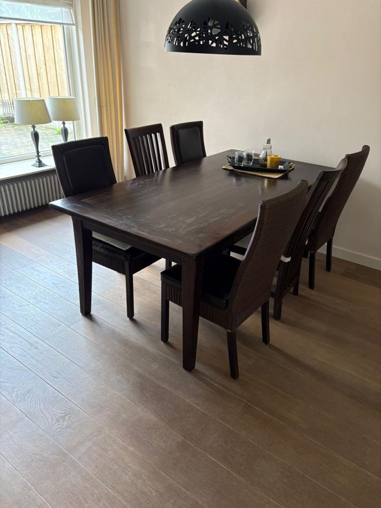 Teakhouten eettafel (200x100x78 cm) met 6 stoelen, Huis en Inrichting, Ophalen, Gebruikt, 4 tot 6 stoelen