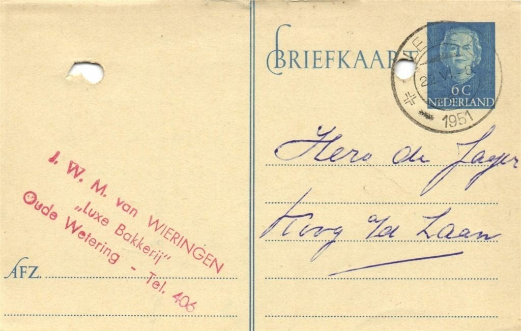 J.W.M. van Wieringen, Oude Wetering - 06.1951 - briefkaart, Postzegels en Munten, Ophalen of Verzenden, Briefkaart