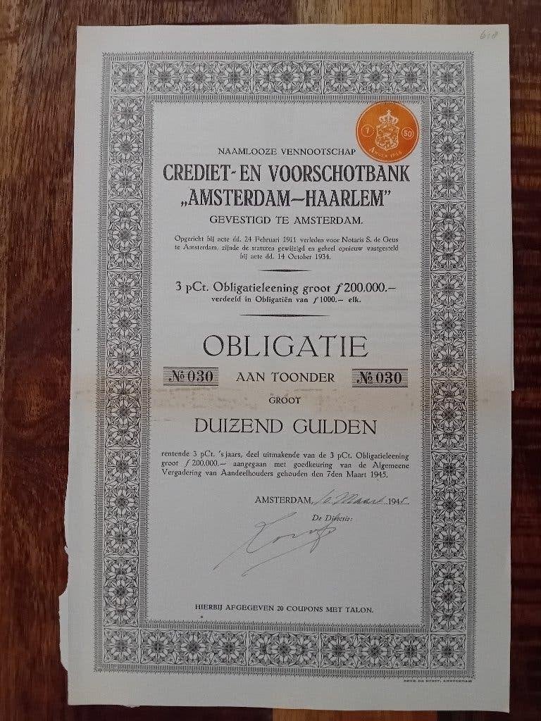 Crediet- en Voorschotbank Amsterdam - Haarlem - 1945, Postzegels en Munten, Aandelen en Waardepapieren, Ophalen of Verzenden, 1920 tot 1950