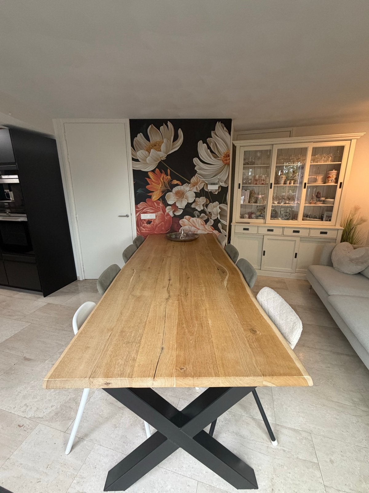 Beuken boomstamtafel 261x103cm met metalen X-poten, Ophalen, Gebruikt, 100 tot 150 cm, 200 cm of meer