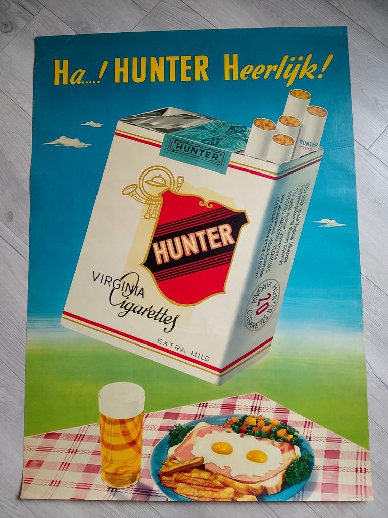 Vintage Hunter Virginia Cigarettes Reclame Poster, Ophalen of Verzenden, Gebruikt, Rechthoekig Staand, Reclame