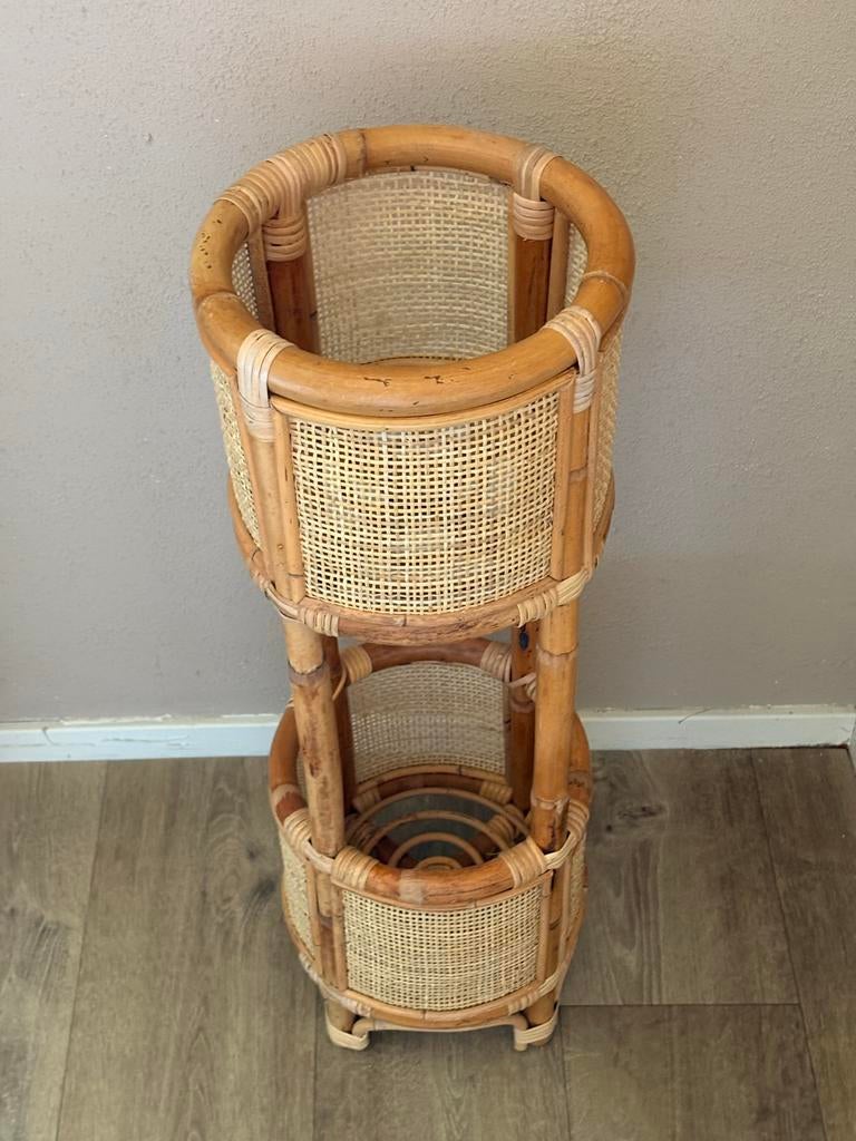 Vintage rotan plantenstandaard met twee niveaus, Ophalen, Minder dan 60 cm, Rond, Zo goed als nieuw
