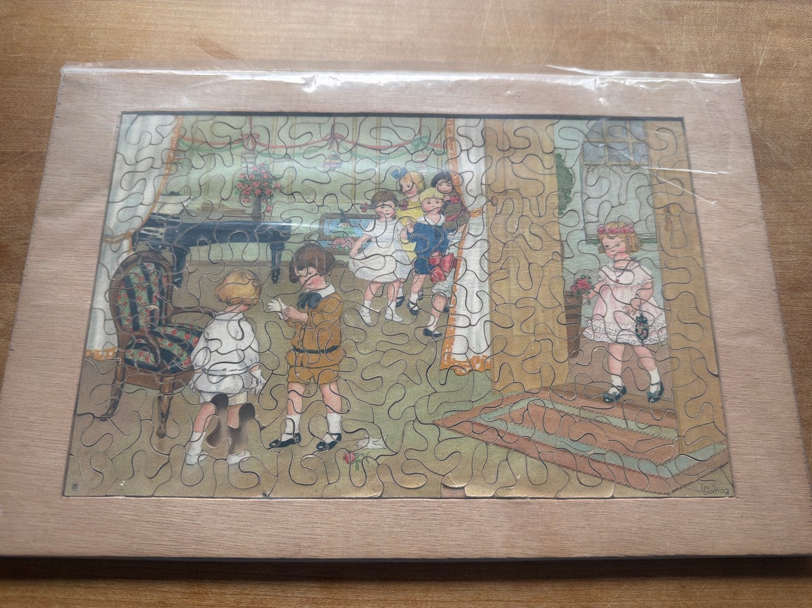 Vintage houten kinderpuzzel - Speelscène, Een of twee spelers, Ophalen of Verzenden, Zo goed als nieuw