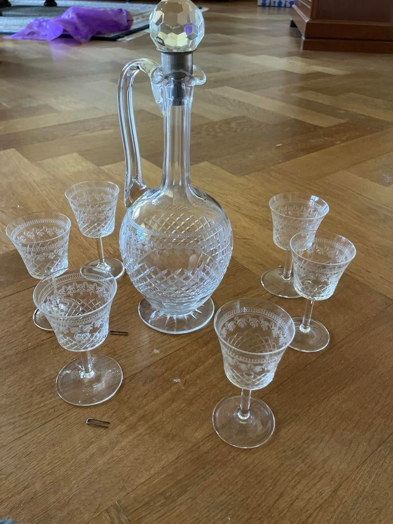 Briljante karaf met 6 glaasjes - Amerikaans geslepen glas, Antiek en Kunst, Antiek | Glas en Kristal, Ophalen