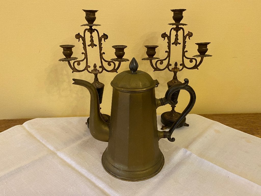 Koperen koffiepot, tinnen handvat en tinnen knop *Nous deux*, Ophalen of Verzenden