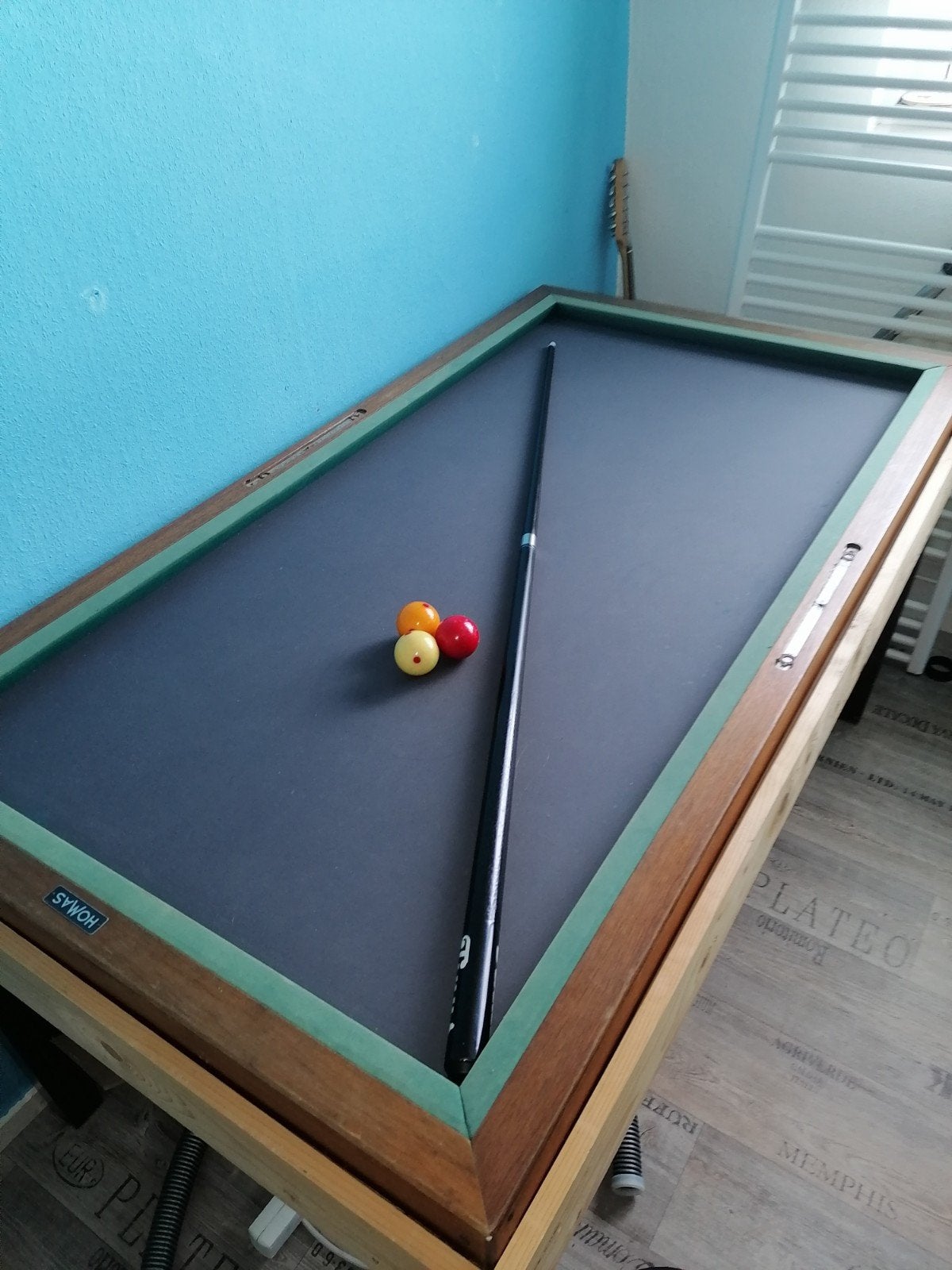 tafelbiljart met zgan grijs laken, ballen en keu, Sport en Fitness, Ophalen, Gebruikt, Biljarttafel