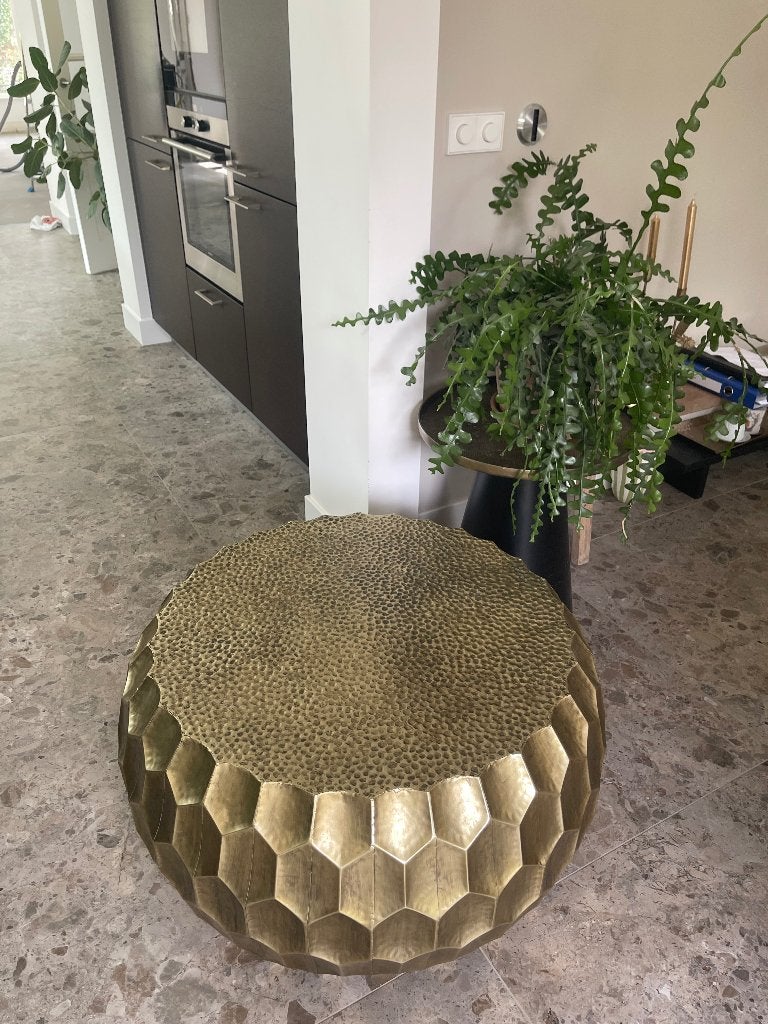 Stijlvolle set van 2 goud/brass bijzettafels / salontafel, Ophalen, 50 – 75, Gebruikt, 100 tot 150 cm