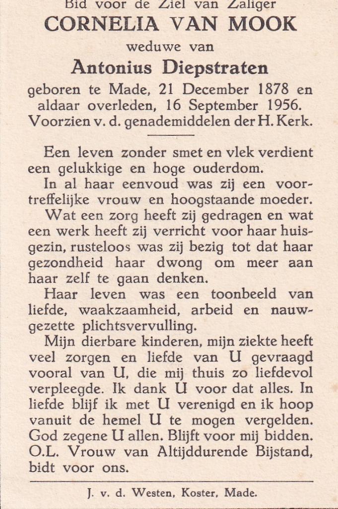 Mook Cornelia 1878 Made 1956, Ophalen of Verzenden, Bidprentje