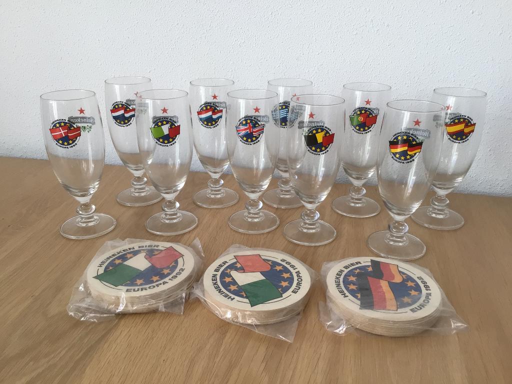 Heineken EK 1992 bierglazen met bierviltjes, Verzamelen, Biermerken, Ophalen, Nieuw, Glas of Glazen, Heineken