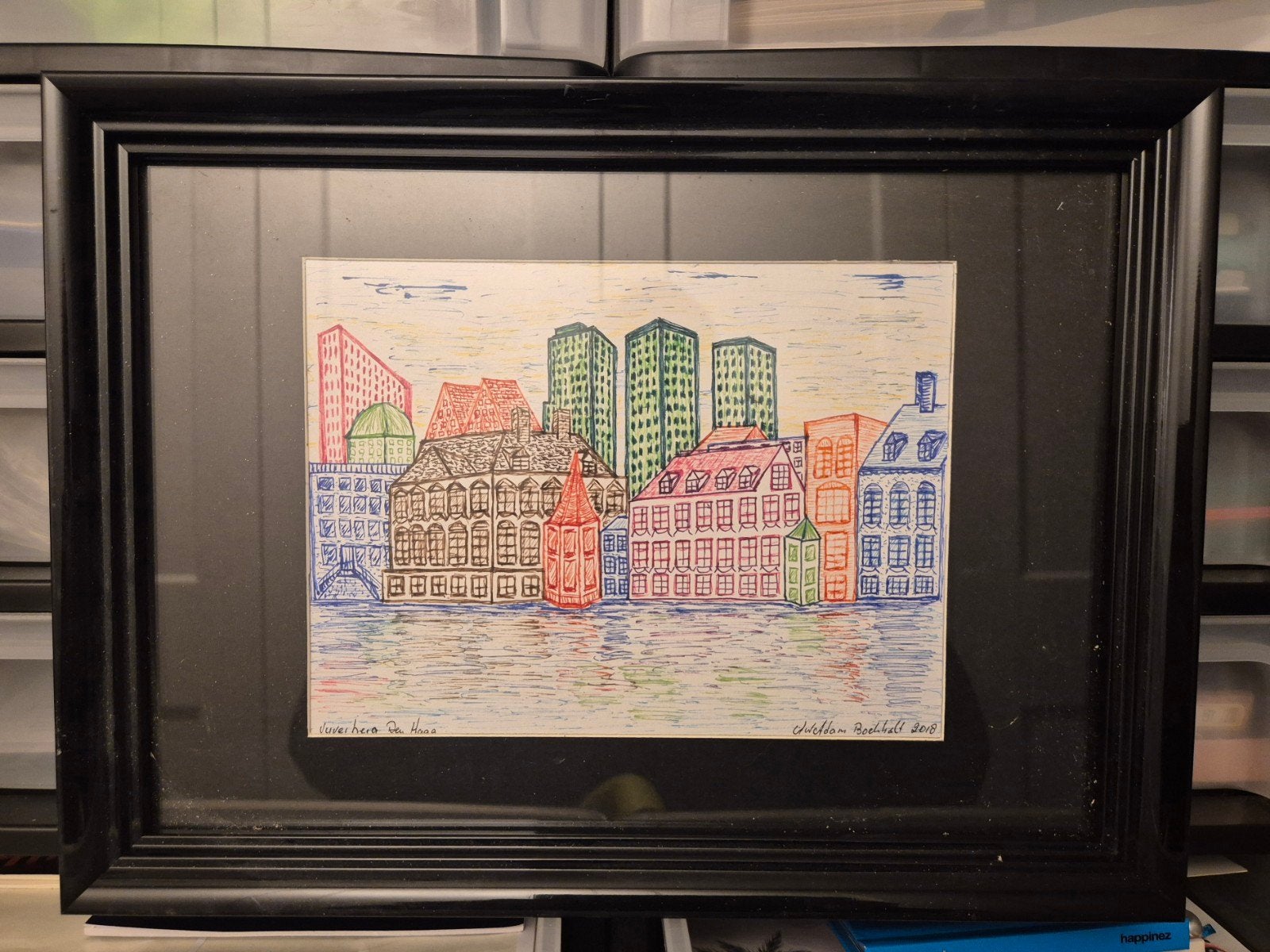 Drie ingelijste tekeningen van stadsgezichten, Antiek en Kunst, Kunst | Tekeningen en Foto's, Ophalen of Verzenden, Tekening, Gemengde techniek