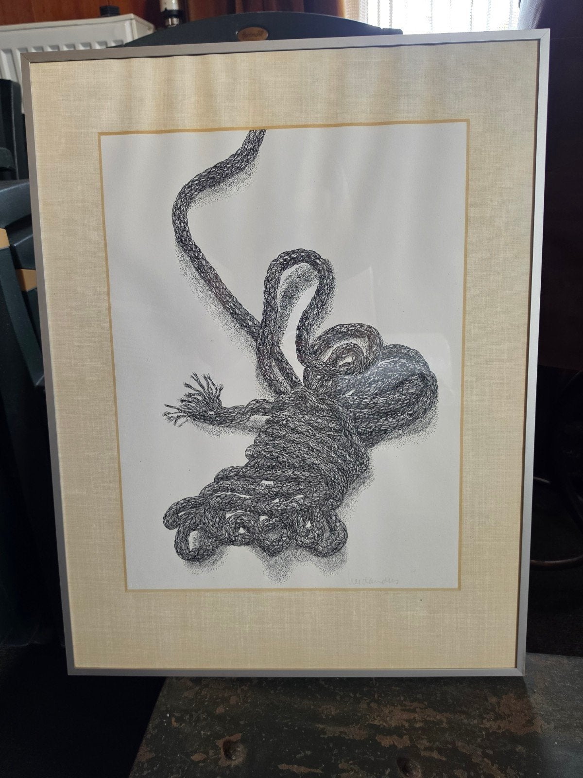 Zeefdruk Striktouw schilderij, Antiek en Kunst, Ophalen, Zeefdruk, Ingelijst