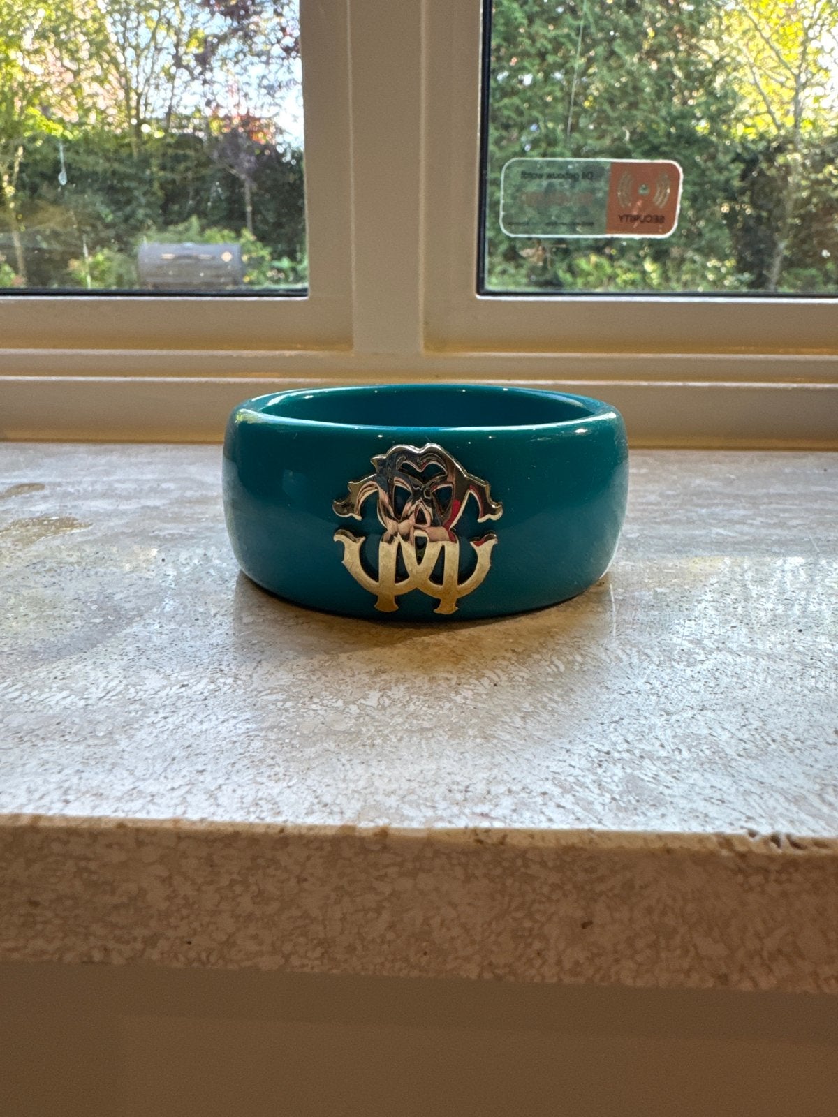 Roberto Cavalli Armband - Turquoise met Gouden Logo, Ophalen of Verzenden, Zo goed als nieuw, Blauw, Kunststof of Plastic
