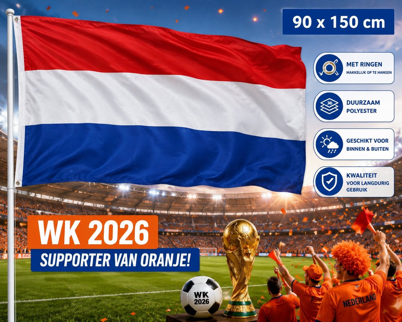 WK 2026 Nederlandse Vlag 90x150 cm – Vlag – Nieuw – EK/WK, Diversen, Ophalen of Verzenden, Nieuw