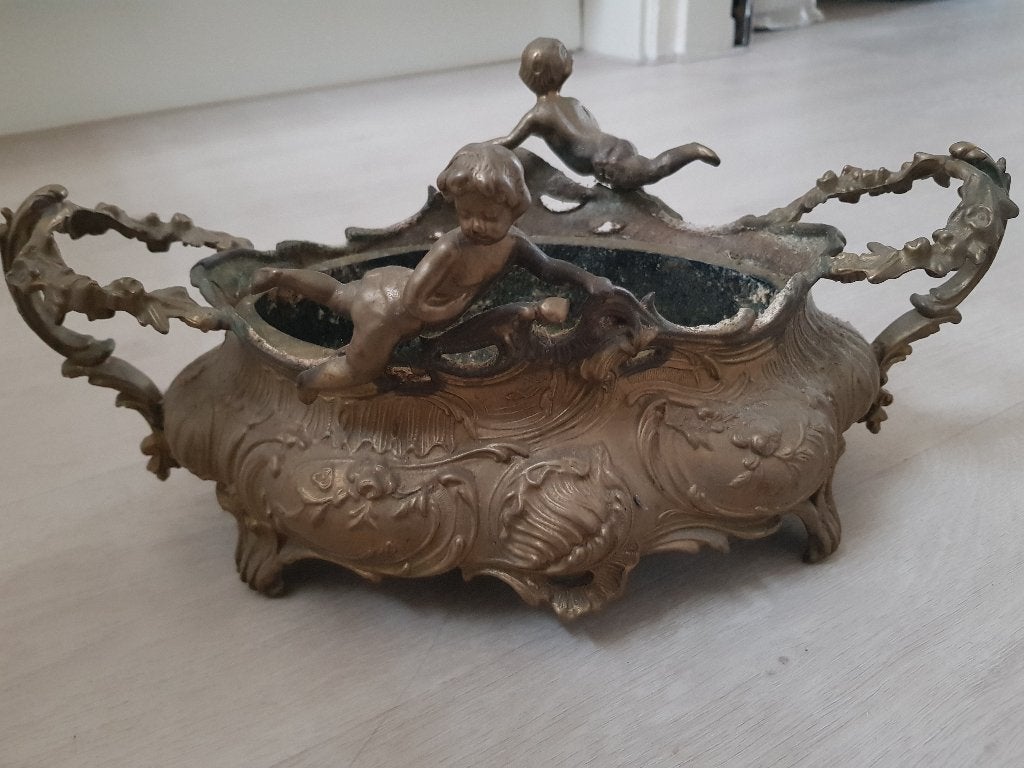 Oude bronzen Jardiniere met engelen, Antiek en Kunst, Ophalen of Verzenden