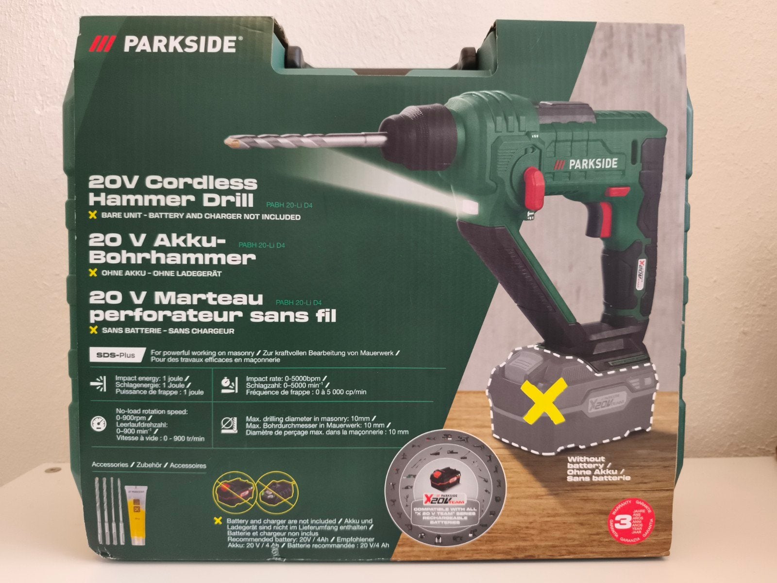Parkside Accu Boorhamer 20V NIEUW (Zonder Accu), Ophalen, Boor- en/of Breekhamer, Nieuw, Minder dan 400 watt