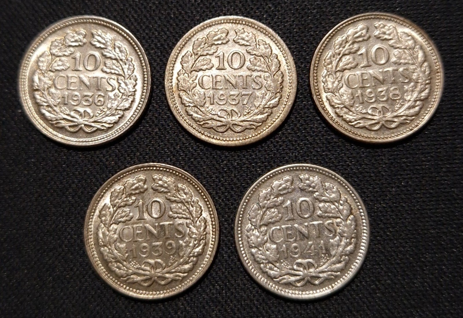 10 cent 1936, 37, 38, 39, 41, Postzegels en Munten, Munten | Nederland, Zilver, 10 cent, Koningin Wilhelmina, Verzenden