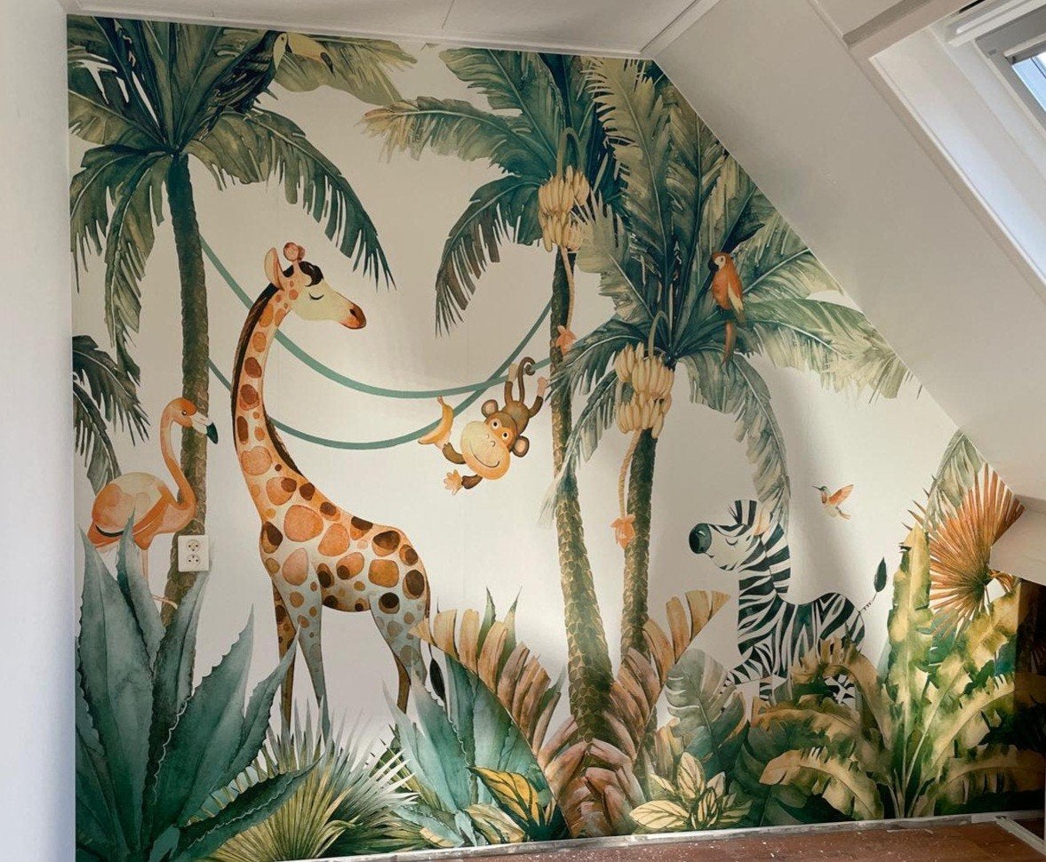 Fotobehang Jungle Dieren - Kinderkamer, Huis en Inrichting, Stoffering | Behang, Ophalen, Groen, Natuurlijk, Overige merken