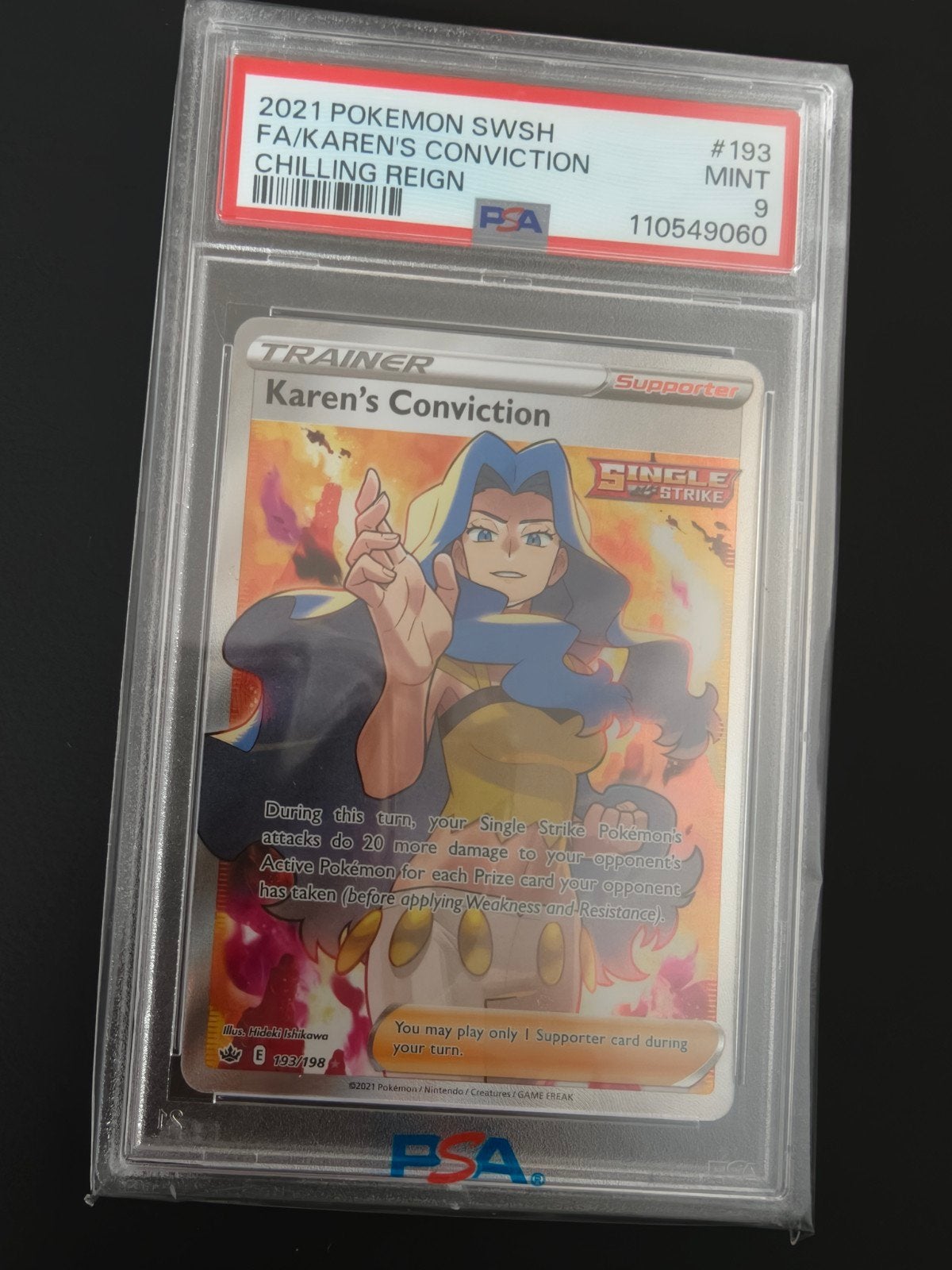 Karen's Conviction Trainer Kaart PSA 9 Mint Pokémon, Ophalen of Verzenden, Zo goed als nieuw, Losse kaart