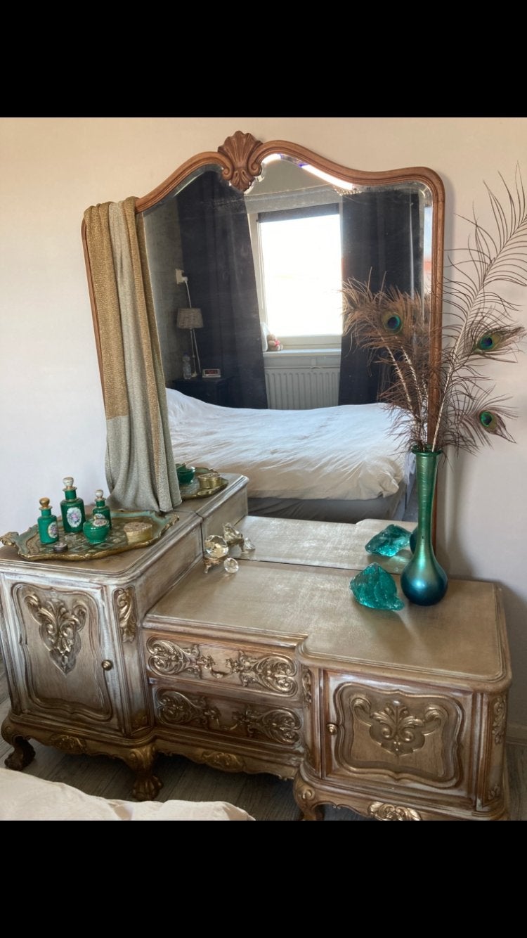 Zeer mooie brocante kaptafel met grote facet spiegel, Ophalen, Gebruikt, 100 tot 150 cm, Minder dan 100 cm