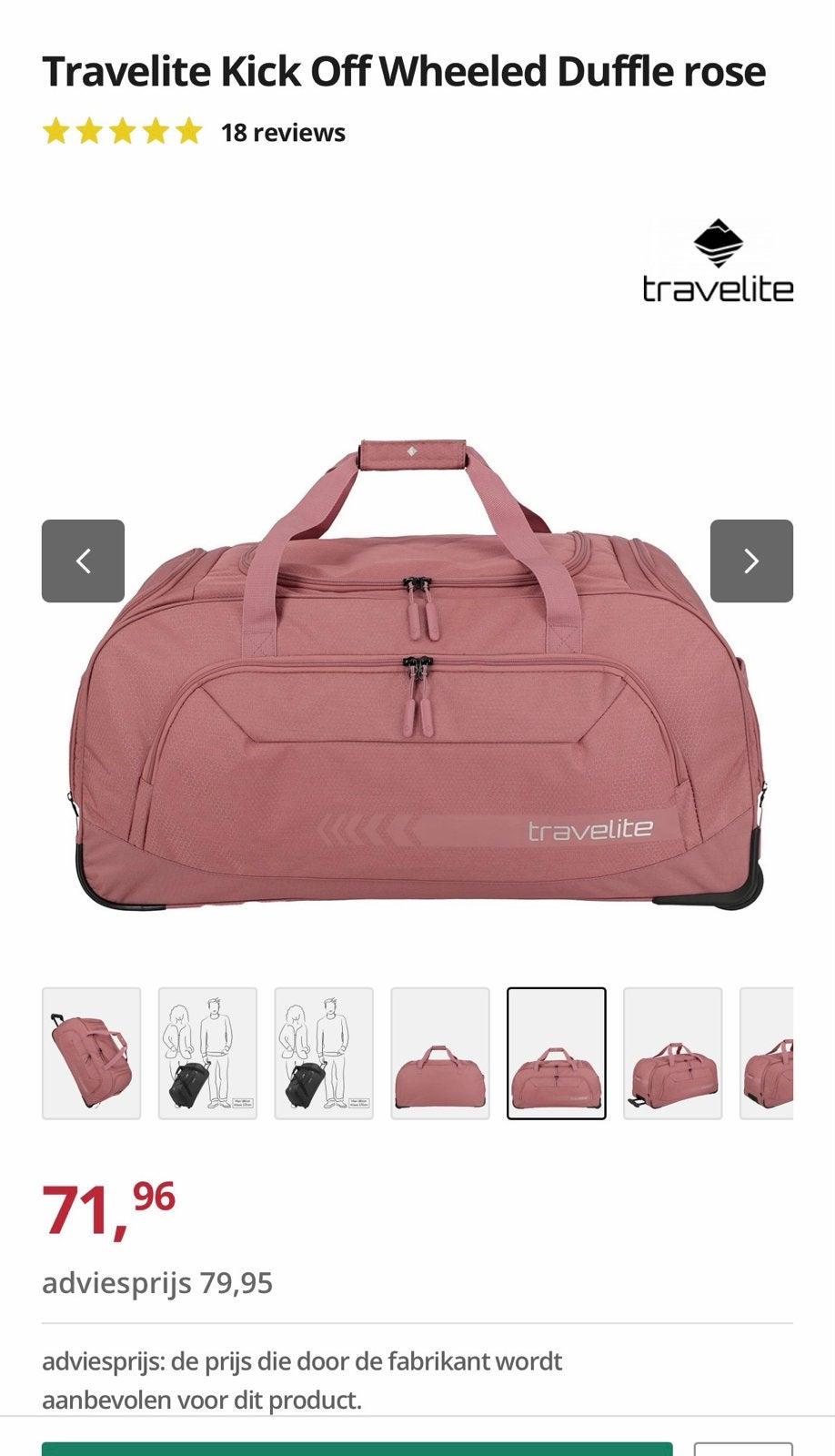 Travelite Kick Off Wheeled Duffle - Roze Reistas met Wielen, 40 tot 60 cm, 30 cm of meer, Ophalen of Verzenden, Zo goed als nieuw