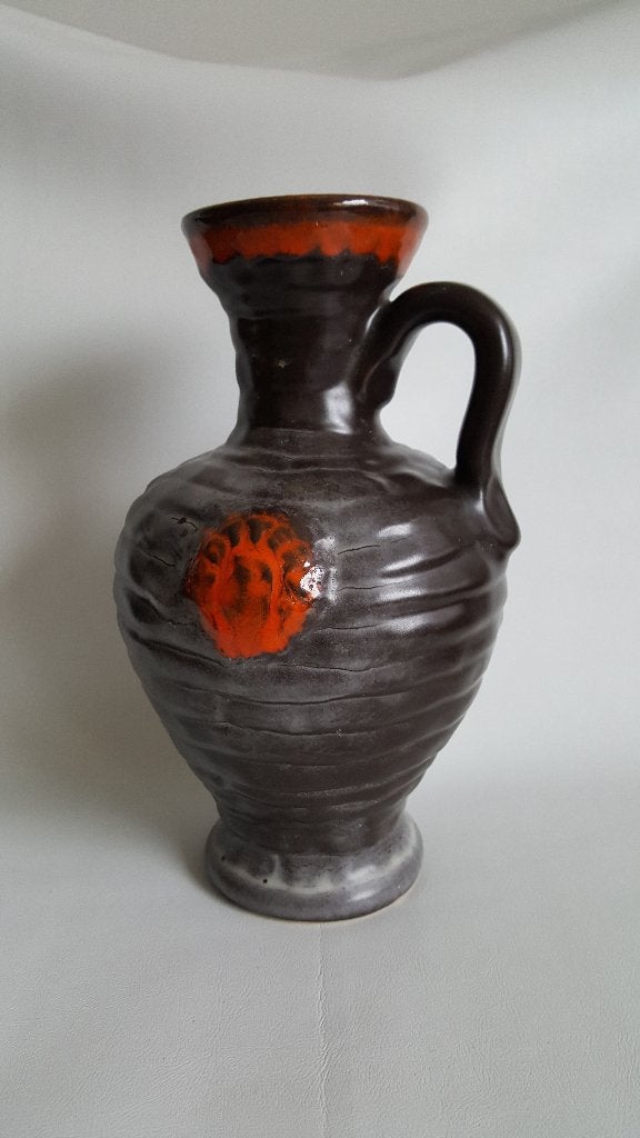 Bay West Germany vaas bruin met ribbels en oranje vlakken, Ophalen